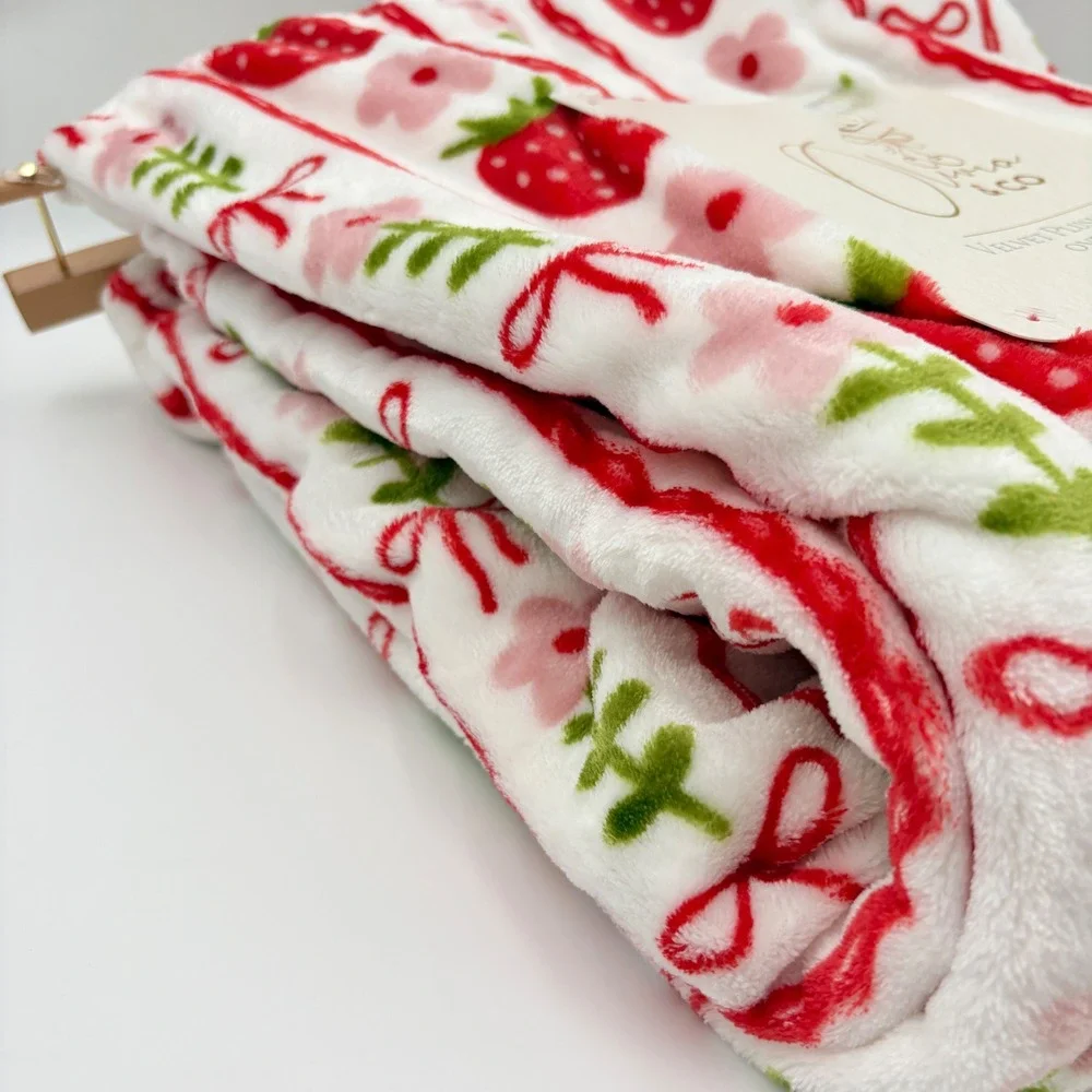 Olivia‎ & Co Strawberry Bow Velvet Plush Throw Blanket Oversized 60x70 Red Pink